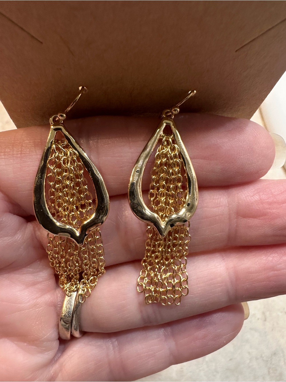 Gold tone teardrop chain tassel dangle pierced earrings BoHo statement